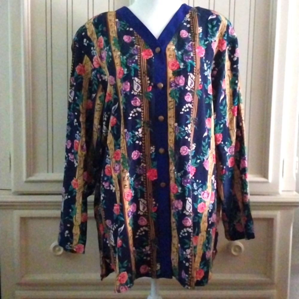 S G Sport Collection Gold Striped Floral Shirt Size Large 14/16